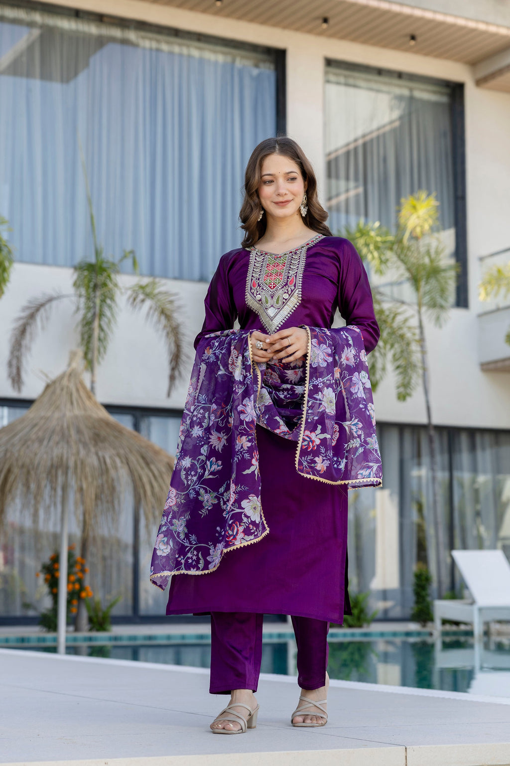 Purple Embroidered Kurta Set with Floral Dupatta – Festive Wear for Women