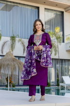 Purple Embroidered Kurta Set with Floral Dupatta – Festive Wear for Women