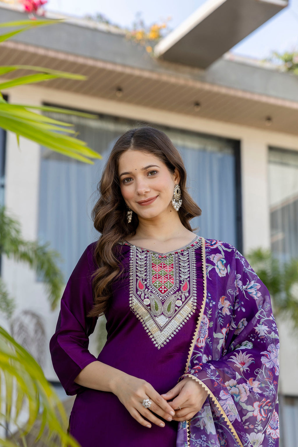 Purple Embroidered Kurta Set with Floral Dupatta – Festive Wear for Women