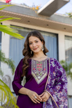 Purple Embroidered Kurta Set with Floral Dupatta – Festive Wear for Women