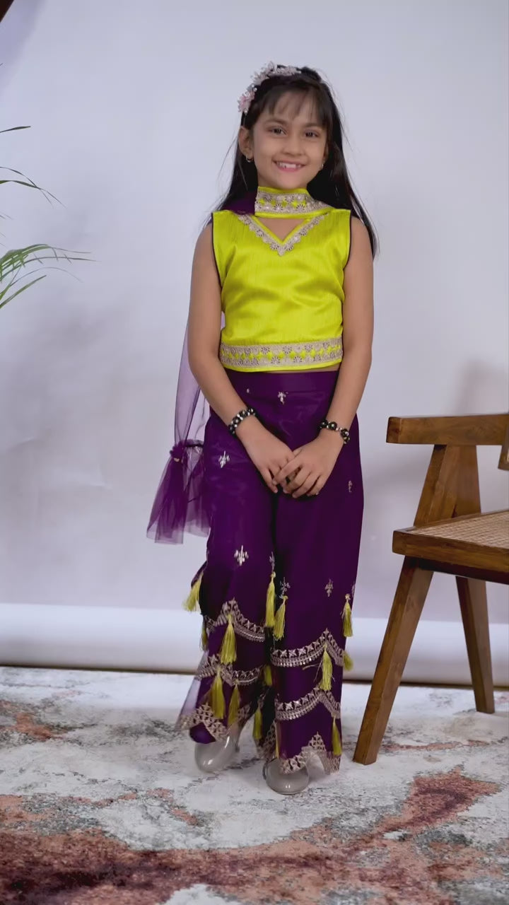Girls Ethnic Wear Set Embroidered Crop Top with Palazzo & Net Dupatta | Festive Party Wedding Outfit