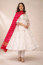 White Anarkali Suit Set with Red Bandhani Dupatta – Festive & Wedding Wear